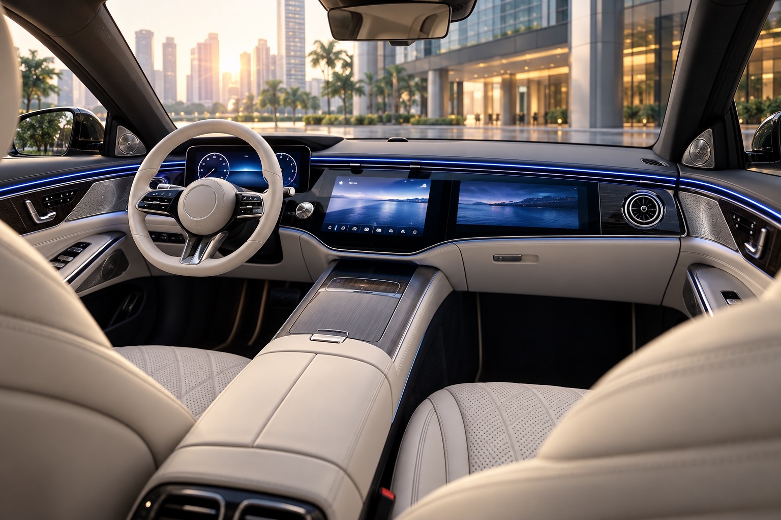 Illustrative luxury sedan passenger cabin viewed from the rear seat