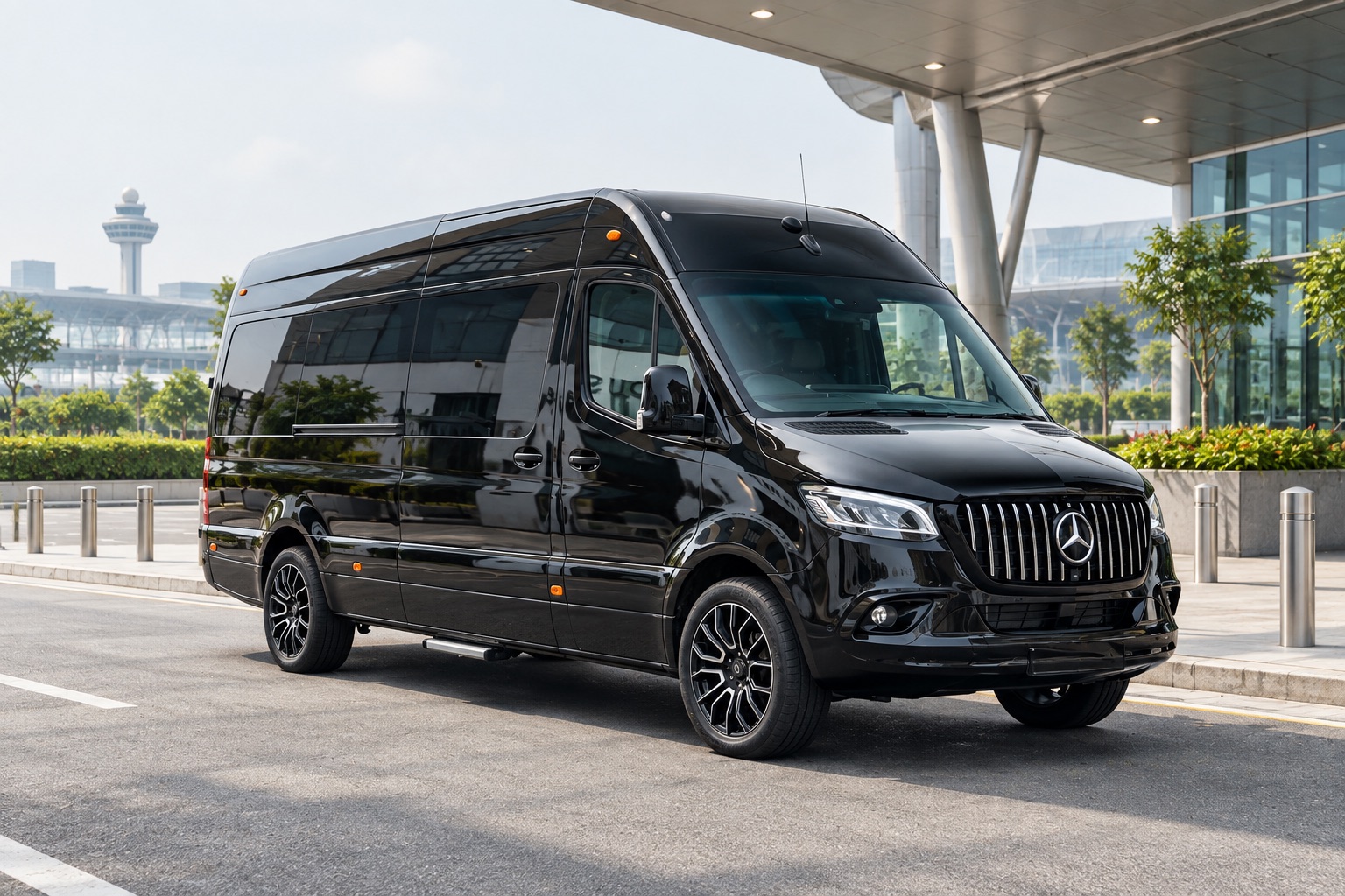 Illustrative black Sprinter-style passenger minibus at an exhibition entrance