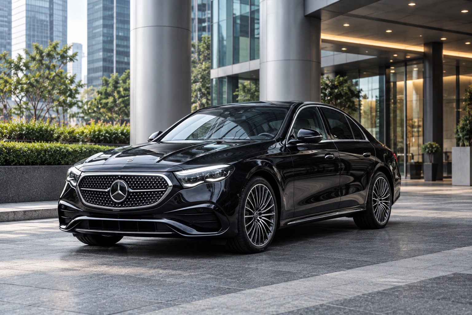 Illustrative black E-Class-inspired business sedan