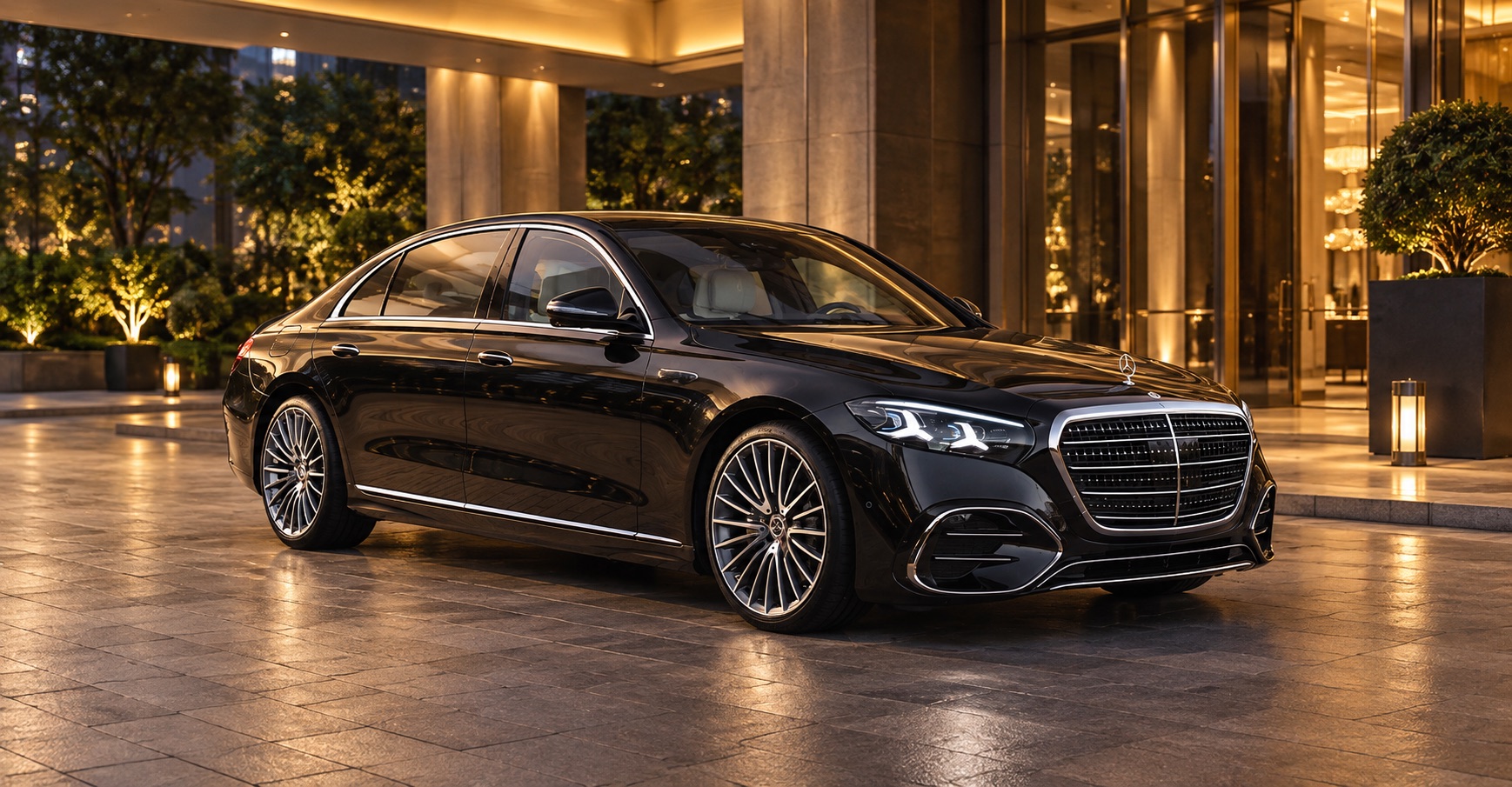 Illustrative black S-Class-inspired sedan at an event entrance