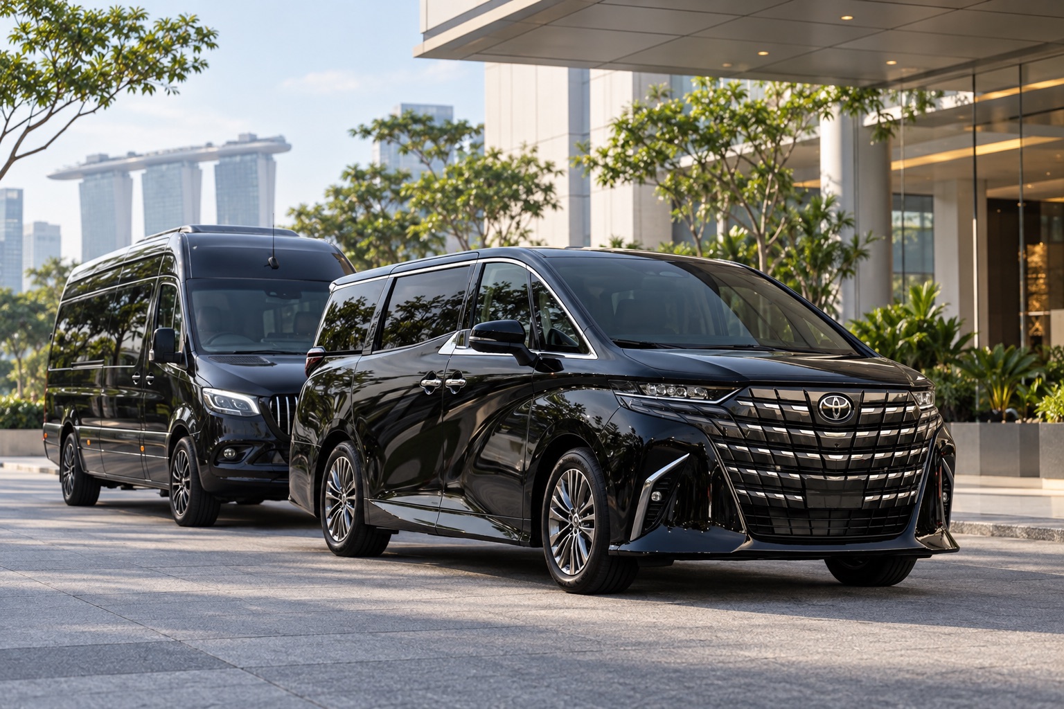 Illustrative black Alphard-style MPV and Sprinter-style minibus at a conference entrance