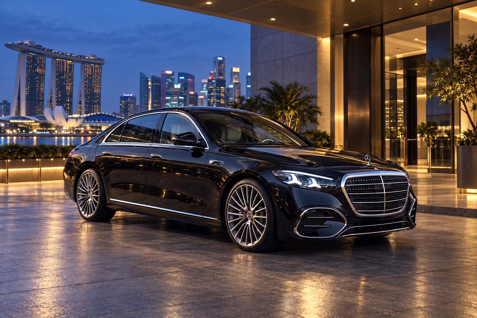 Illustrative black S-Class-inspired sedan at a Marina Bay hotel entrance