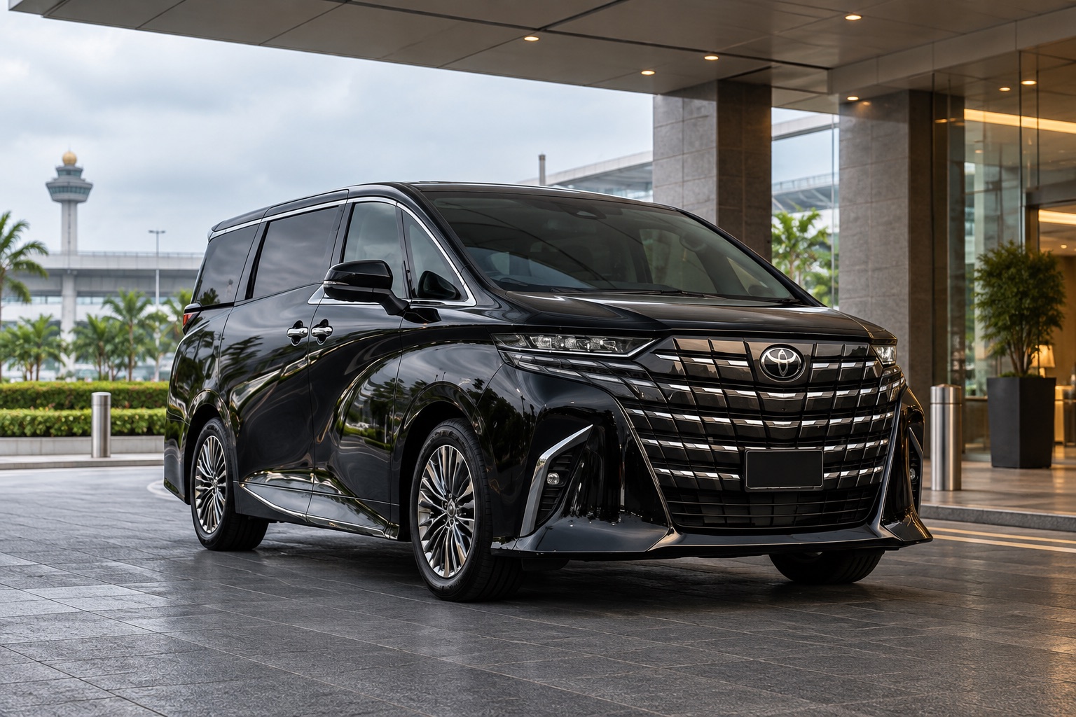 Illustrative black Alphard-style luxury MPV at a hotel entrance