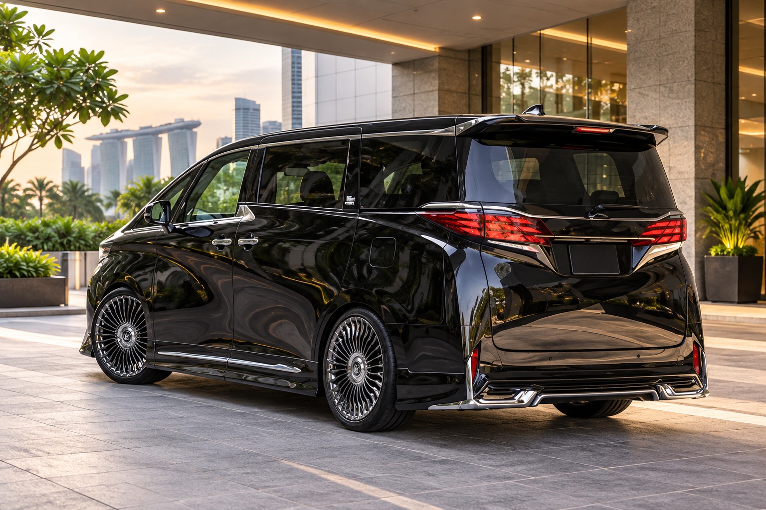 Illustrative rear three-quarter view of a black Alphard-style MPV