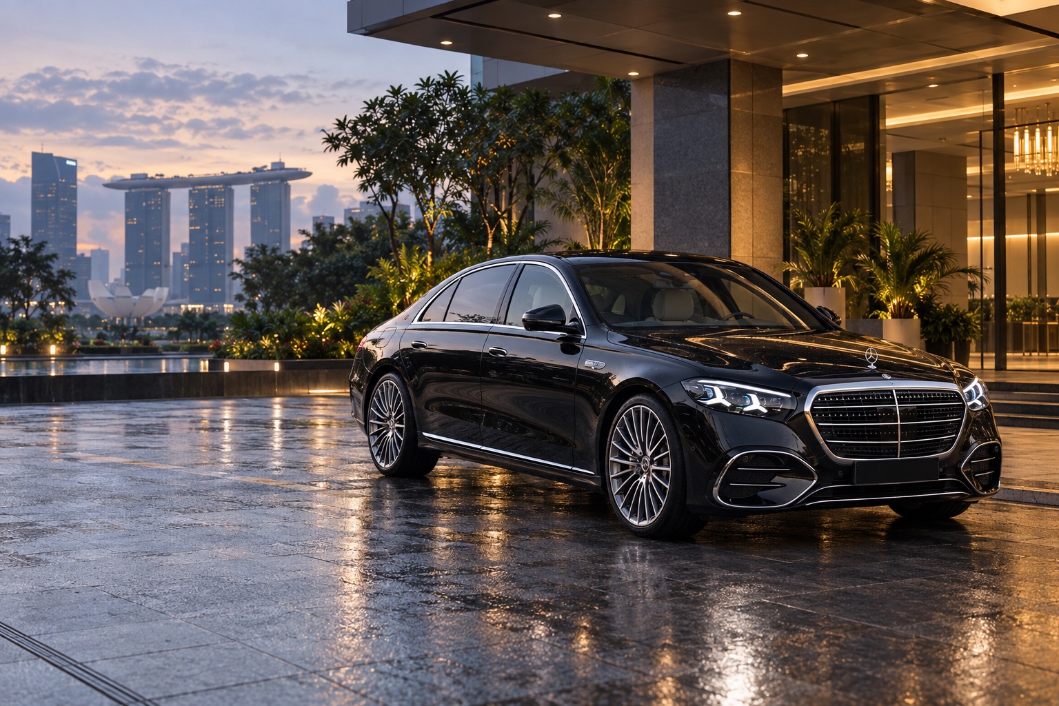 Illustrative black S-Class-inspired luxury sedan at a Singapore business-hotel entrance