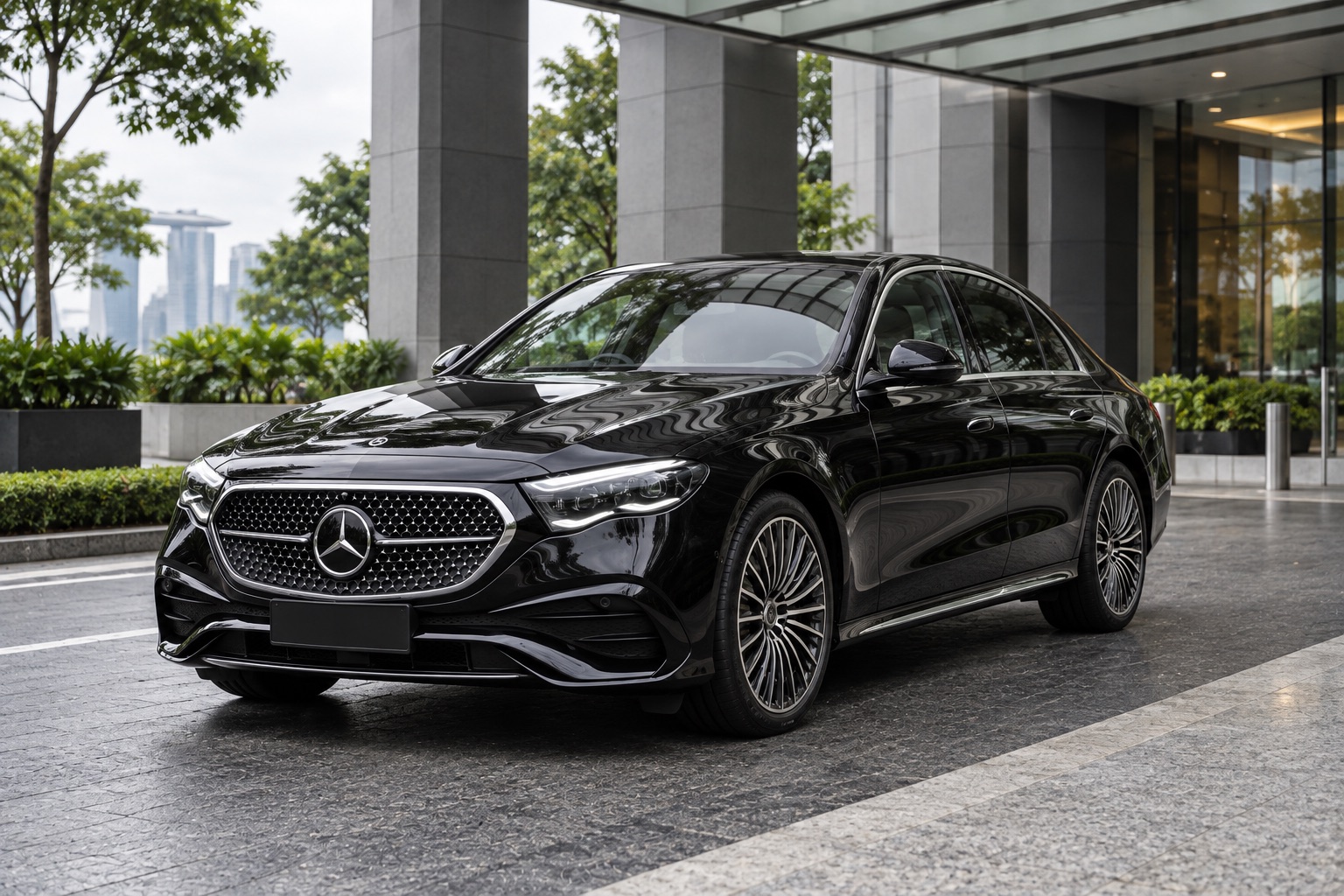 Illustrative black E-Class-inspired executive sedan waiting at a business pickup