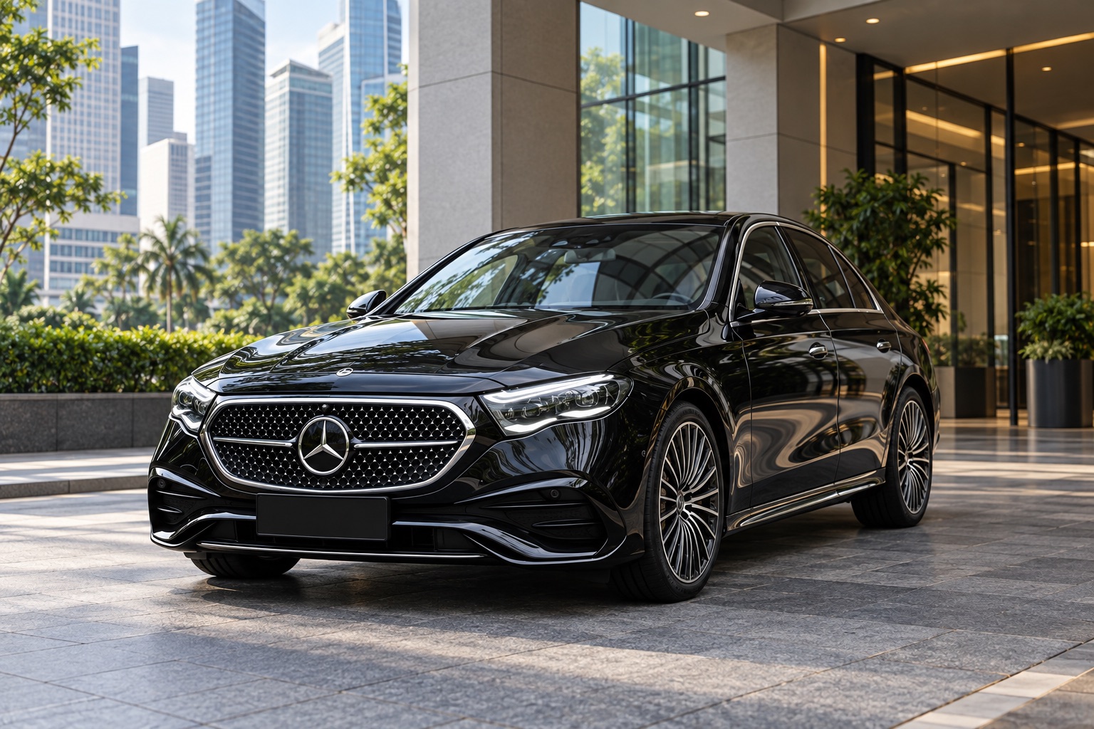 Illustrative black E-Class-inspired executive sedan at an office entrance