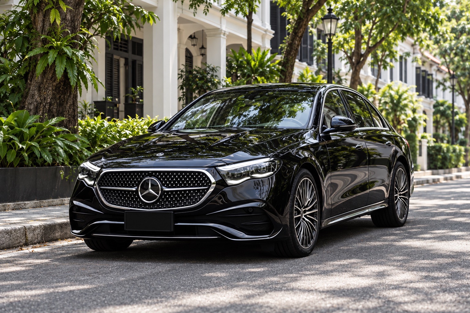 Illustrative black E-Class-inspired sedan in a Singapore heritage district