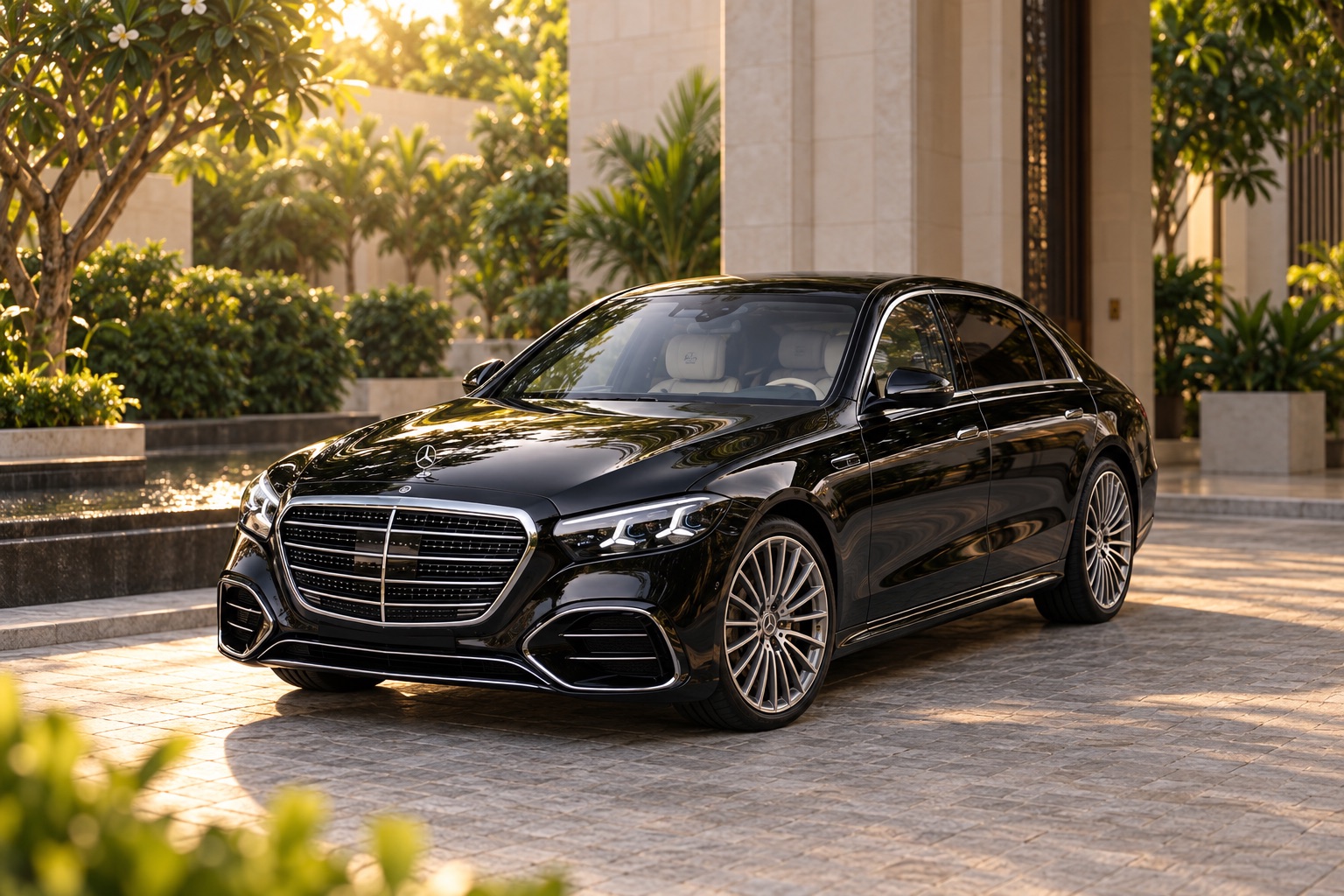 Illustrative black S-Class-inspired sedan at a wedding venue